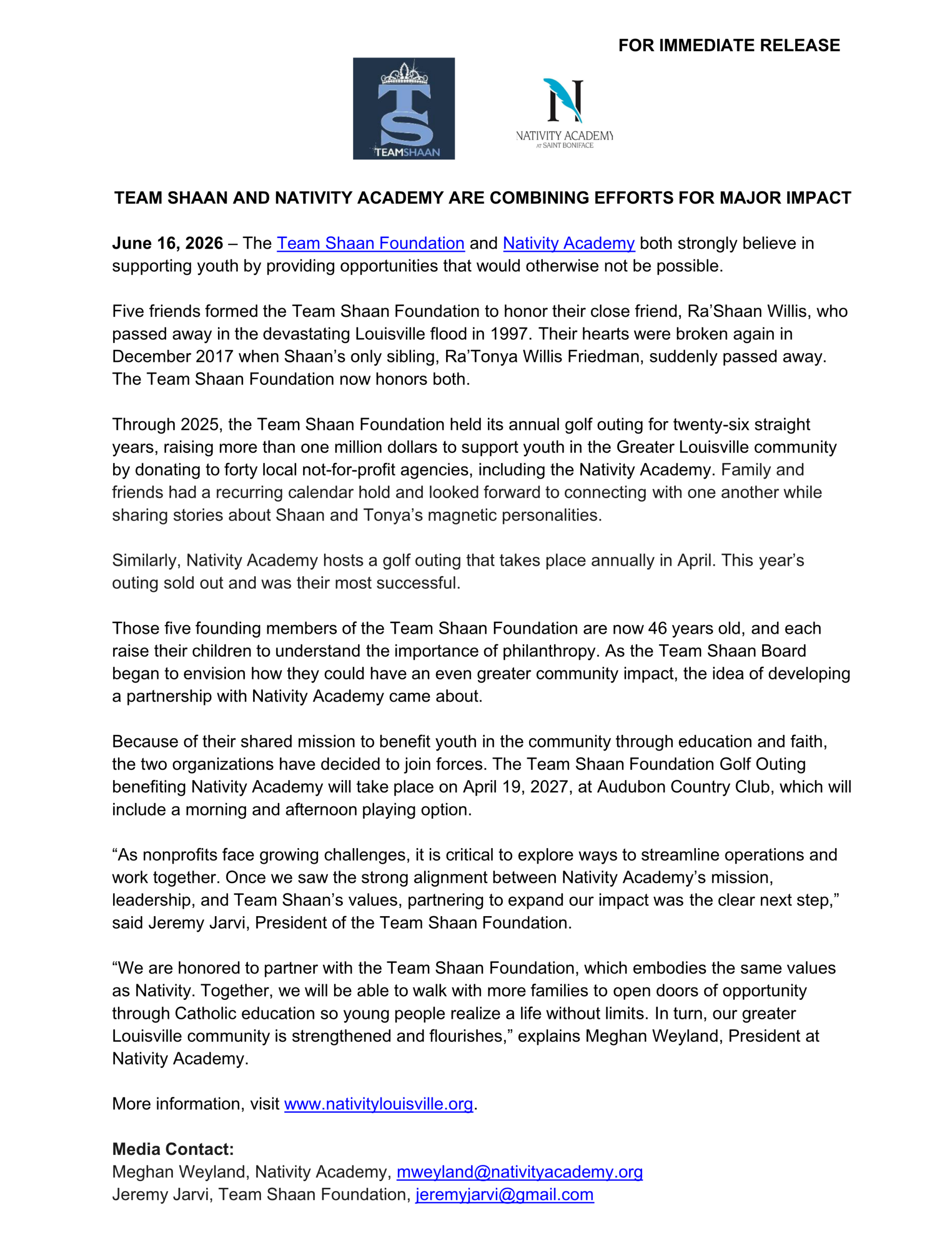 Team Shaan and Nativity Academy Press Release - June 2026